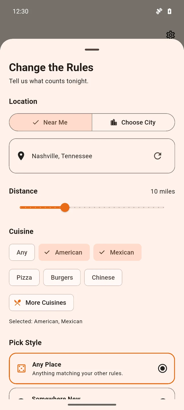 Genuine app rules screen with cuisine selections, pick styles and a Done button